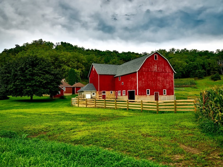 farm with red barn
